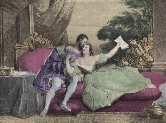 Le roi de France François Ier (1494-1547) avec Diane de Poitiers (1499-1566) Dame de Brézé, Duchesse de Valentinois. Lithographie de Daveria de 1832 dans "Rires Et Galanterie". Collection hebdomadaire d