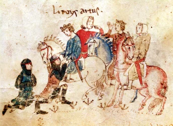 Les chevaliers Esclabor et Arphasar offrent leurs services au roi Arthur, du Roman de Meliadus