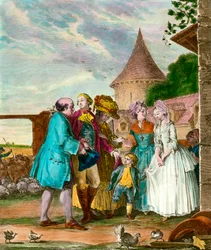 Le Seigneur et son fermier. Gravure du 18ème siècle. Collection privée.