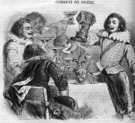 Le marquis François de Bassompierre (1579-1646) (maréchal de Bassompierre) buvant dans sa botte de chaudron. Gravure de 1852.