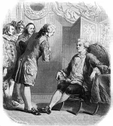 Le marquis de Puysieulx recevant Philippe Néricault Destouches (1680-1754) et sa troupe de comédiens itinérants. Gravure de 1858-1859.