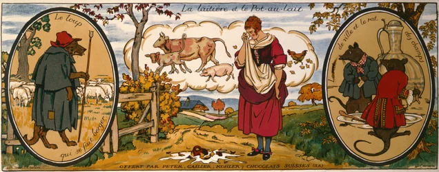 La laitière et le bidon de lait, tiré des "Fables" de Jean de La Fontaine (1621-95), carte de visite des chocolats suisses "Peter, Cailler, Kohler" (lithographie couleur)