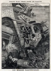 Le train de Buffalo à New York tombe dans une rivière aux États-Unis : un homme tente de sauver des passagers en danger de noyade. Dans "Le Petit Parisien" du 7/11/1897. Collection privée