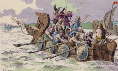 Les Normands arrivant à Paris, 885 (lithographie couleur)