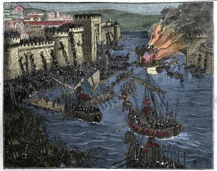 Les Normands, dirigés par Rollon, assiègent Paris en 885, illustration de France et les Français à travers les siècles, 1884