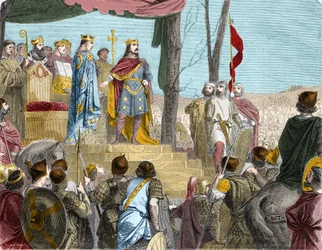Les Serments de Strasbourg entre Louis le Germanique (876), souverain de la Francie orientale, et son demi-frère Charles le Chauve (? 877), souverain de la Francie occidentale - Le serment de Strasbourg : traité de Verdun, 843. Les fils de Louis le Pieux o