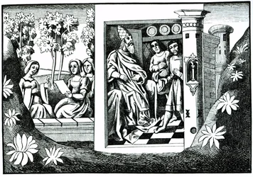 Le Vieil Homme de la Montagne donnant des ordres à ses disciples, des Voyages de Marco Polo, copié par Albert Coinchon du manuscrit original