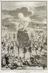 Le sacrifice à Quitchi-Manitou, ou Le Grand Esprit, par les Canadiens, illustration des Cérémonies et coutumes religieuses, gravée par Bernard Picart, 1723