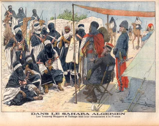 Les Touaregs Hoggar et Taitogs se soumettant à la domination anglaise dans le Sahara algérien. Dans le Sahara algérien. Les Touaregs Hoggars et Taitogs soumettent leur soumission à la France. Illustration pour Le petit Journal, 26 novembre 1905.