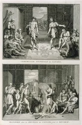 La cérémonie de mariage et la manière de divorcer au Canada, illustration des Cérémonies et coutumes religieuses, gravée par Bernard Picart, 1723