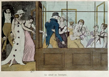 La boutique de rendez-vous : le sérail dans la boutique Une maison de prostitution au Palais Royal à Paris. Lithographie du début du XVIIIe siècle Paris, arts décoratifs