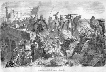 Les armées de Saint Louis ravagent le Languedoc au 13e siècle - Gravure dans "Histoire des Papes" (...) Crimes des Reines, Rois et Empereurs à travers les siècles" par Maurice Lachatre