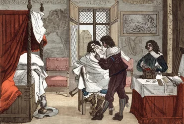 Le barbier, France, gravure par Abraham Bosse, vers 1640, gravure de "Paris à travers les siècles" tome V