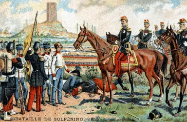 La bataille de Solférino (Italie) entre les armées franco-sardes (victorieuses) et autrichiennes (vaincues) en 1859. Chromolithographie du 19ème siècle.
