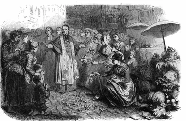 Le choléra à Rome : le Pape Grégoire XVI (1765-1846) ordonne des processions, des rogations et des bénédictions pour arrêter la marche du choléra. Gravure dans « Histoire des Papes-Rois-Reines et Empereurs à travers les siècles » par Maurice Lachatre