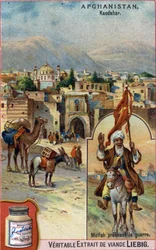 La ville de Kandahar en Afghanistan avec un mullah prêchant la guerre. Chromolithographie publicitaire du 19ème siècle