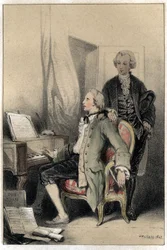 Le compositeur Wolfgang Amadeus Mozart (1756-1791) composant le requiem. Planche tirée de "Scènes de la vie des hommes célèbres" gravure en deux teintes par Valerio. 1843.