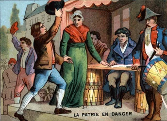 Le pays en danger : "Les Volontaires de 92". Chromolithographie de la série "Éducation patriotique par l