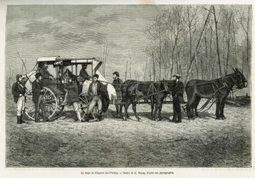 La course ou diligence sur le cheval des prairies, dessin de A. Dupuis, pour illustrer le récit d