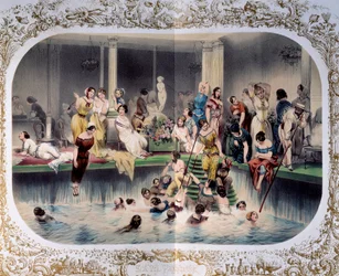 La journée de la natation pour les femmes dans une piscine parisienne, vers 1900 (estampe)