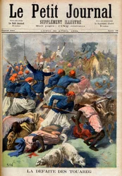 La défaite des Touaregs. Troupes coloniales françaises sous le commandement du lieutenant-colonel Joseph Joffre (1852-1931). Illustration pour Le Petit Journal, 30 avril 1894.