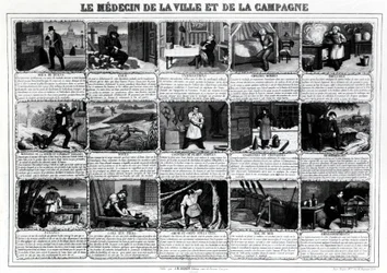 Le médecin de la ville et de la campagne et leurs différents patients, publié par J.B. Gadolachez Cours de Brosses à Lyon, fin XIXe