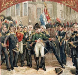 Les adieux de Napoléon Bonaparte (1769-1821) à la garde impériale dans la cour du Cheval Blanc au château de Fontainebleau le 20/04/1814. Chromolithographie de la fin du 19e siècle