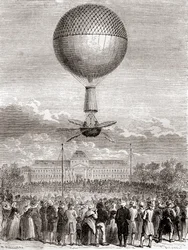 Le premier vol en ballon réussi de Jean-Pierre François Blanchard le 2 mars 1784, dans un ballon à gaz hydrogène lancé depuis le Champ de Mars, Paris, France, extrait de Les Merveilles de la Science, publié vers 1870 (gravure)