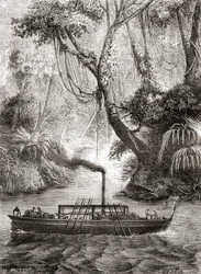 Le premier essai réussi du bateau à vapeur Perseverance de John Fitch sur la rivière Delaware, Amérique, 22 août