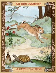 Le lièvre et la tortue (Fable de La Fontaine) - autocollant publicitaire Bon Marché, fin du 19e siècle