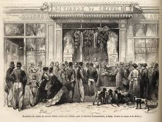 La boucherie chevaline à la barrière de Fontainebleau (Paris) ouverte en 1866 - gravure dans « Le Monde Illustré » de 1866