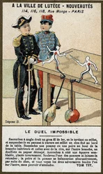 Le duel impossible : carte pour enfants expliquant un jeu à construire soi-même. Chromolithographie du 19ème siècle.