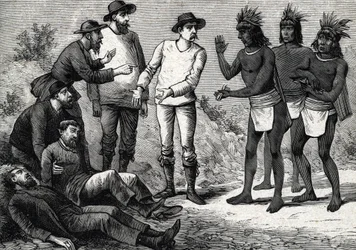 Les habitants du Pérou aidant les Européens coloniaux souffrant de malaria avec de la quinine (gravure) 1888