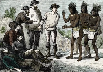 Les habitants du Pérou aidant les jésuites souffrant de paludisme avec du quinquina