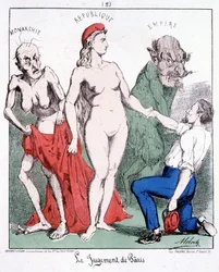 Le jugement de Pâris : Monarchie - République - Empire (un communard choisit la République). Caricature sur la Commune