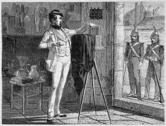 Le laboratoire de Niépce de Saint-Victor, dans la salle de police de la caserne de la garde municipale du faubourg Saint-Martin, en 1848 - dans "Les Merveilles de la Science" de Louis Figuier