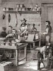 La fabrication du coton-poudre au XIXe siècle, de Les Merveilles de la Science, publié vers 1870 (gravure)