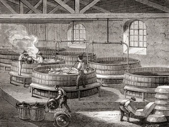 La fabrication de savon dans de grands réservoirs au 19ème siècle, de 