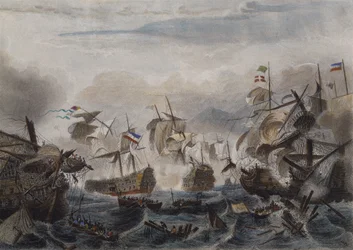 La bataille navale du cap La Hogue en 1692, gravée par Chavanne
