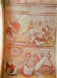 La peste des sauterelles et un dragon menaçant une femme