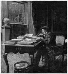 Le dramaturge Victorien Sardou (1831-1908) dans son bureau. Gravure dans « La gazette du dimanche » du 2 janvier