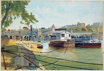 Le ponton des bateaux de Suresnes au pont des Saints Pères. Gravure du 19ème siècle. Paris, Arts décoratifs