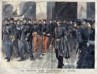 La grève des postiers : soldats et gardes municipaux chargés de la distribution des lettres à Paris. Gravure de 1899 dans « La petite Gironde »