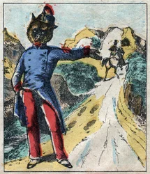 Le lion malade et le renard. Fables de Jean de La Fontaine (1621-95). Imagerie d