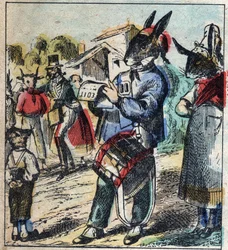 Le lion malade et le renard. Fables de Jean de La Fontaine (1621-95). Imagerie d