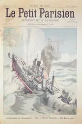 Le naufrage du navire amiral russe Petropavlovsk le 13 avril 1904, illustration de couverture de Le Petit Parisien, 1er mai 1904