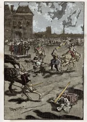 La torture de François Ravaillac, assassin du roi Henri IV : il est écartelé à Paris le 27 mai