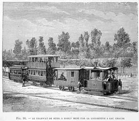 Le tramway de Rueil à Marly, conduit par la locomotive à eau chaude - dans "Les nouvelles conquêtes de la science" par Louis Figuier