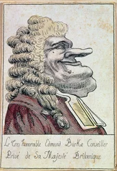 Le très honorable Edmund Burke, conseiller privé de Sa Majesté, le roi britannique, caricature française, vers 1790