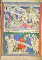 Le vent personnifié par Satan fait tomber la maison de Job sur ses enfants réunis autour de la table, et la femme de Job s